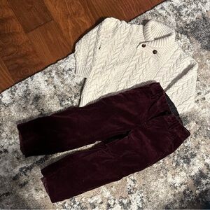 Janie and Jack holiday bundle, Cream Cable Knit Sweater and Burgundy Pants Set